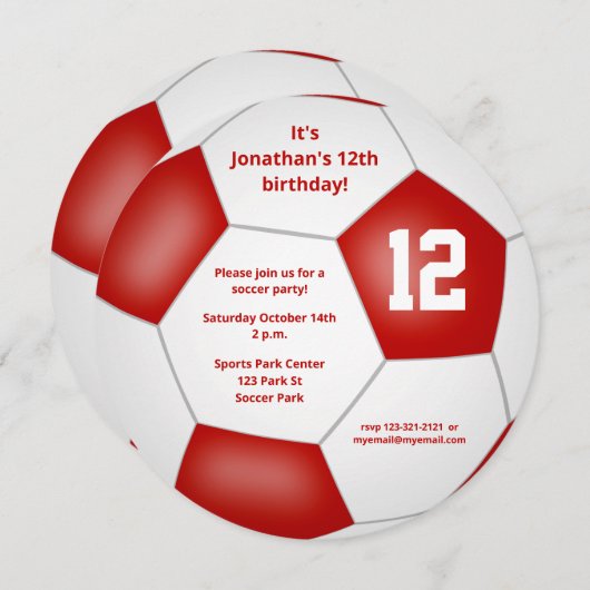 赤いホワイトキッズサッカーをテーマにした誕生日パーティー 案内状 (正面/裏面)