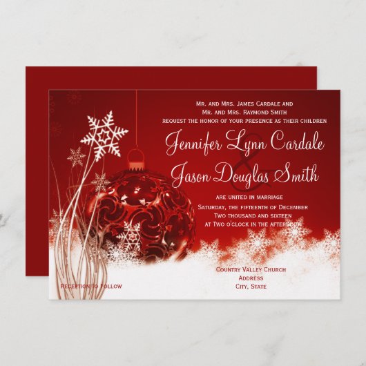 赤いホワイトクリスマスの休日の結婚式招待状 招待状 (正面/裏面)