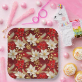 赤いホワイトクリスマスフローラルパターン#17 ID1009 ペーパープレート (パーティー)