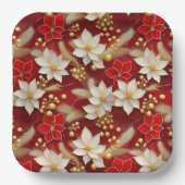 赤いホワイトクリスマスフローラルパターン#17 ID1009 ペーパープレート (正面)