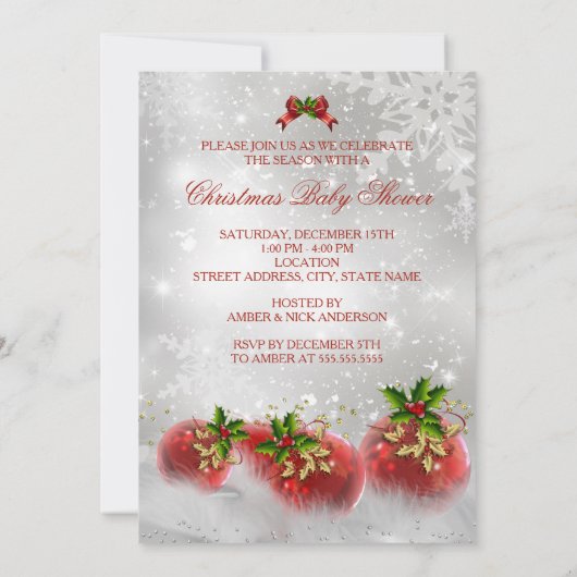 赤いホワイトグリーンクリスマスベビーシャワーガールブロンド 招待状 (裏面)