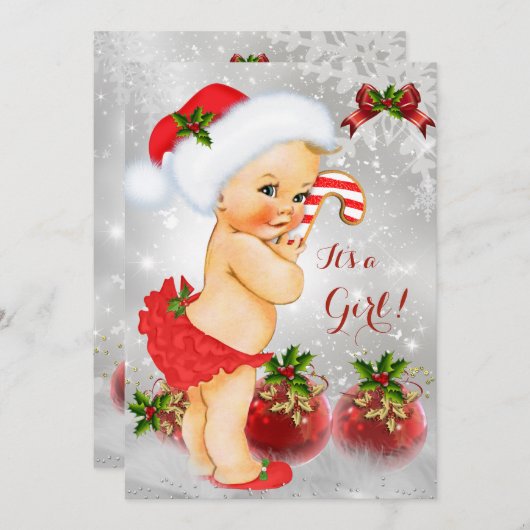 赤いホワイトグリーンクリスマスベビーシャワーガールブロンド 招待状 (正面/裏面)
