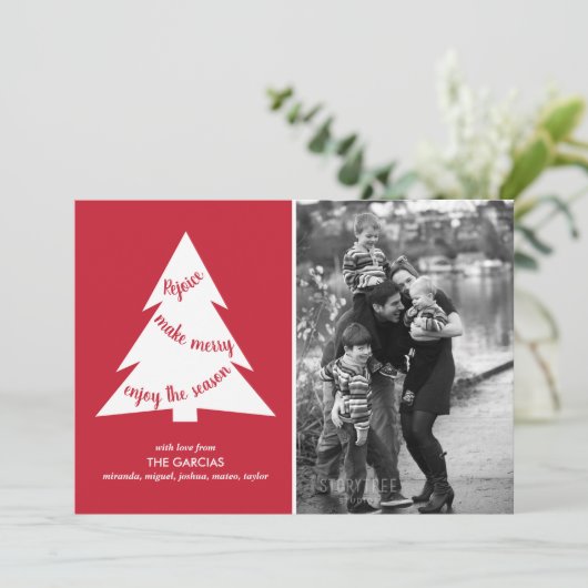 赤いホワイトジオメトリッククリスマスツリーカスタムの写真 シーズンカード (スタンド正面)