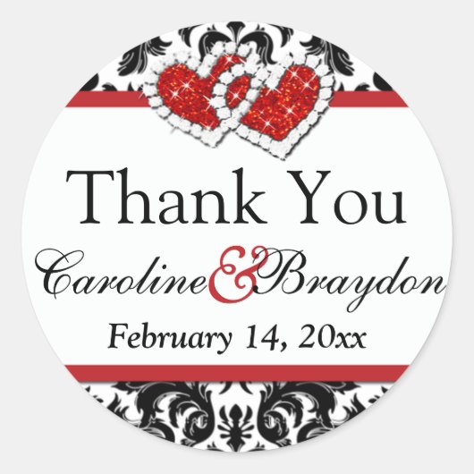 赤いホワイトブラックダマスクハート1.5インチラウンドステッカー2 ラウンドシール (正面)