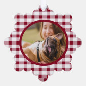 赤いホワイトプレイドドッグメモリアルカスタム写真 オーナメントカード (裏面)