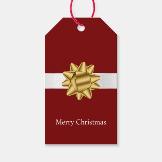 赤いホワイトリボン金ゴールドボウクリスマス ギフトタグ (正面)