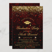 赤いボケとゴールドのグリッターを使った卒業パーティー 招待状 (正面/裏面)