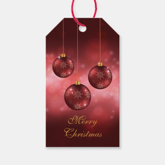 赤いボケを背景にしたクリスマス・ボール ギフトタグ (正面)