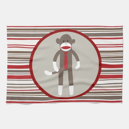 赤いボスにネクタイを結んだの靴下のサルのようストライプに キッチンタオル (横)
