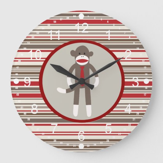 赤いボスにネクタイを結んだの靴下のサルのようストライプに ラージ壁時計 (正面)