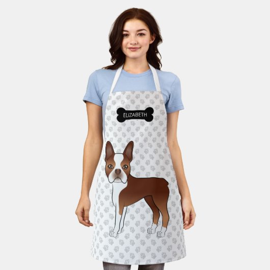 赤いボストンテリアのキャラクタードッグと骨と名前 エプロン (着用した状態)