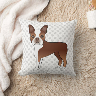 赤いボストンテリア かわいいキャラクターデザイン 犬のイラストと足跡 クッション
