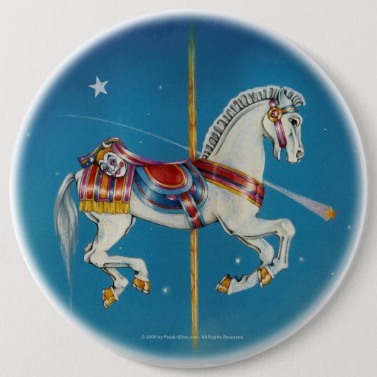 赤いボタン-白く及び青の回転木馬の馬 缶バッジ (正面)
