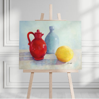 赤いボトルの静物油絵 キャンバスプリント 
