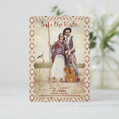 赤いボホ織りの織り物ロマンチックな婚約したカップル セーブザデート (スタンド正面)