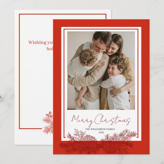赤いボモダンタニカルエレガントフォトクリスマス シーズンカード (正面/裏面)