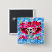 赤いボンネットで笑う骸骨女 缶バッジ (正面&裏面)