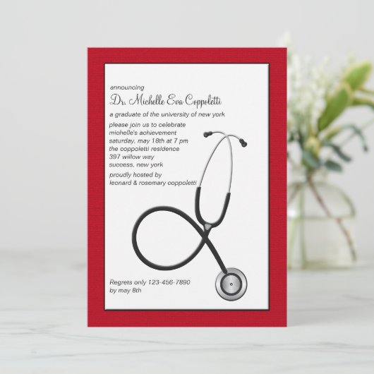 赤いボーダー医学の卒業Invの聴診器 招待状 (スタンド正面)