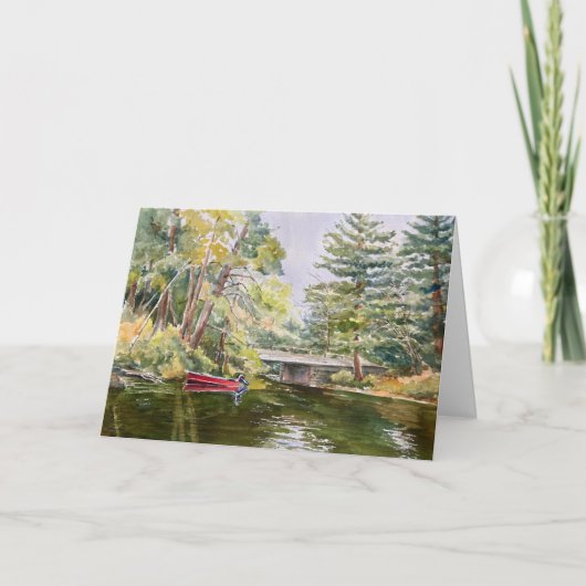 赤いボートの山の湖の水カラー魚釣りカード サンキューカード (正面)