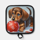 赤いボールで愛遊らしいダシュントの子犬 鍋敷き (正面)