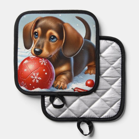 赤いボールで愛遊らしいダシュントの子犬 鍋敷き (正面/裏面)