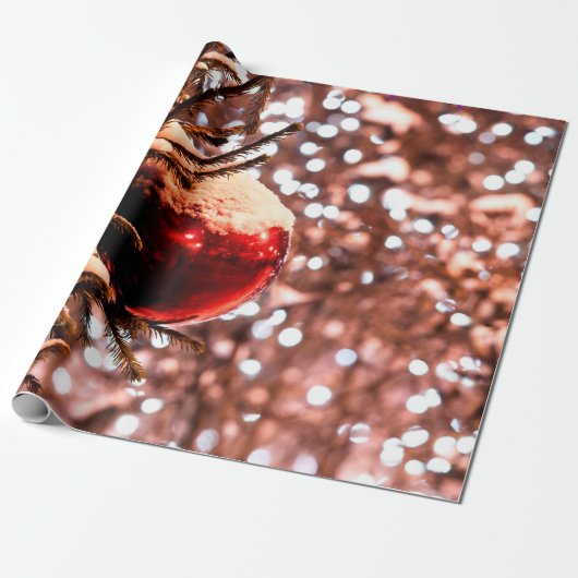 赤いボール、白いライト、雪 ラッピングペーパー (アンロールド)