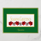 赤いポインセチアがあしらわれた緑のホリデーカード 箔シーズンカード (正面)