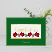 赤いポインセチアがあしらわれた緑のホリデーカード 箔シーズンカード (立ち正面)