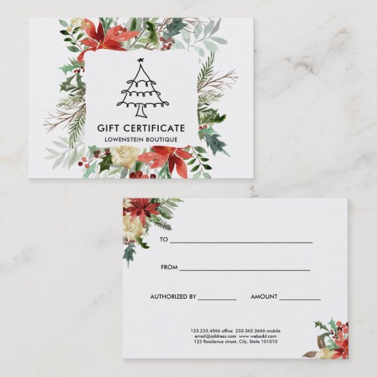 赤いポインセチアがクリスマスプレゼント券を贈る 割引カード (正面/裏面)