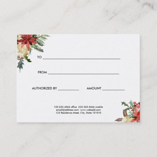 赤いポインセチアがクリスマスプレゼント券を贈る 割引カード (裏面)