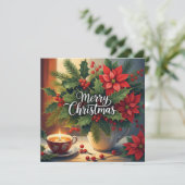 赤いポインセチアとホリーベリーのクリスマスカード シーズンカード (スタンド正面)