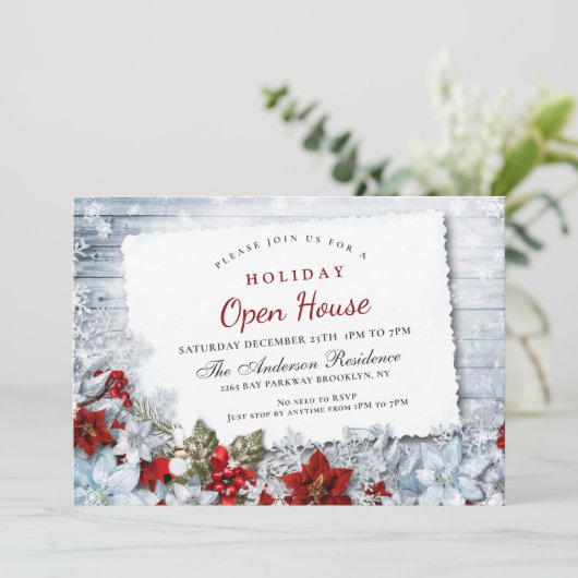 赤いポインセチアとホーリーのクリスマスホリデーオープンハウス 招待状 (スタンド正面)