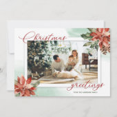赤いポインセチアとホーリーの写真2枚入りクリスマスカード (正面)