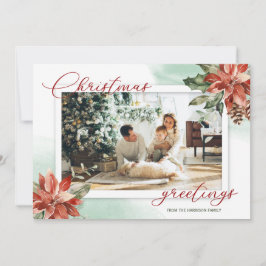 赤いポインセチアとホーリーの写真2枚入りクリスマスカード