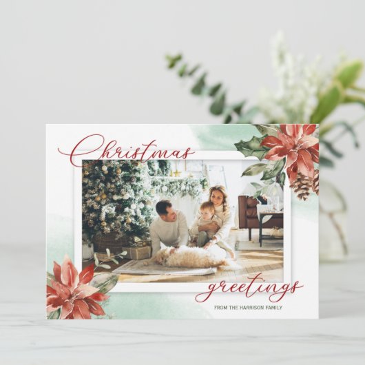 赤いポインセチアとホーリーの写真2枚入りクリスマスカード (スタンド正面)