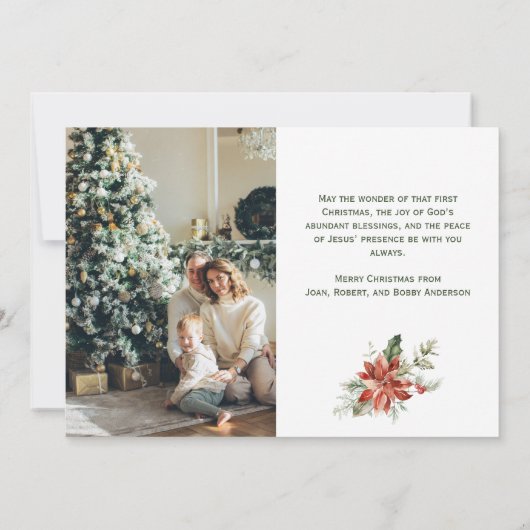 赤いポインセチアとホーリーの写真2枚入りクリスマスカード (裏面)