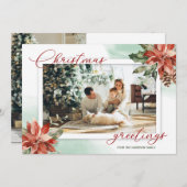 赤いポインセチアとホーリーの写真2枚入りクリスマスカード (正面/裏面)