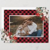 赤いポインセチアとホーリーの実の写真クリスマスカード シーズンカード (正面/裏面)