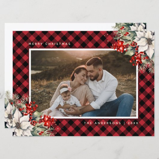 赤いポインセチアとホーリーの実の写真クリスマスカード シーズンカード (正面/裏面)