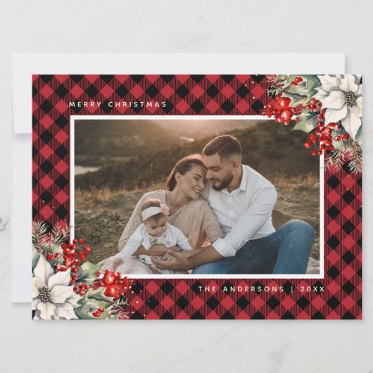 赤いポインセチアとホーリーの実の写真クリスマスカード シーズンカード (正面)