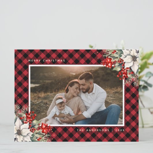 赤いポインセチアとホーリーの実の写真クリスマスカード シーズンカード (スタンド正面)
