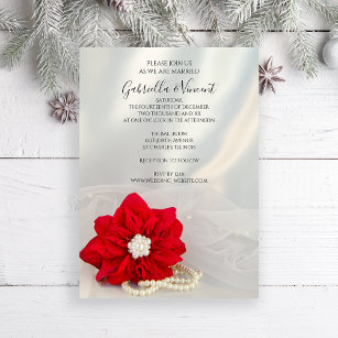 赤いポインセチアと白い真珠の冬の結婚式 招待状