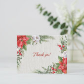 赤いポインセチアと緑の葉のウェディング ポストカード (スタンド正面)