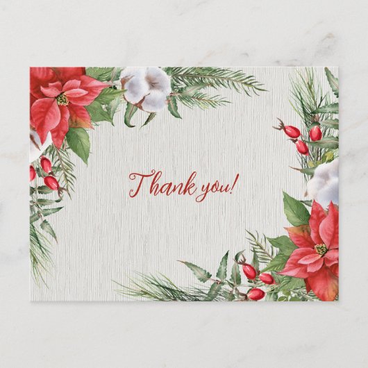 赤いポインセチアと緑の葉のウェディング ポストカード (正面)