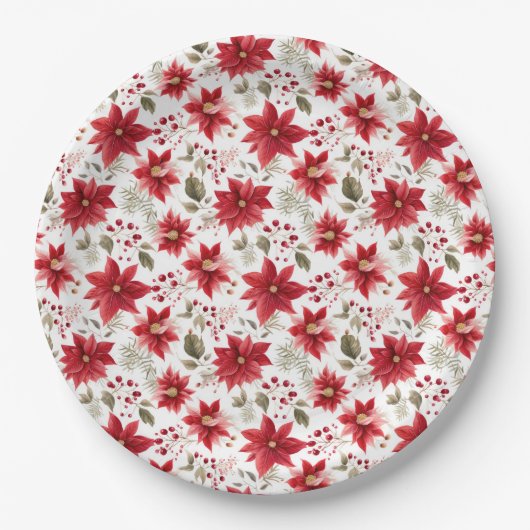 赤いポインセチアのクリスマス フラワー ベリー ホリデー シーズン ペーパープレート (正面)