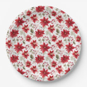 赤いポインセチアのクリスマス フラワー ベリー ホリデー ペーパープレート (正面)