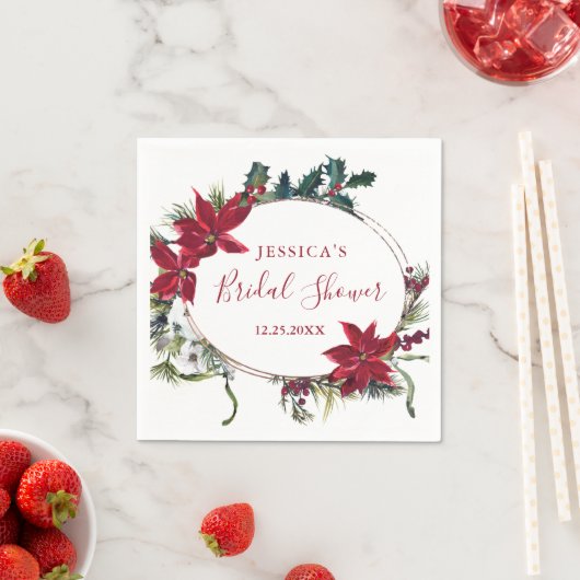赤いポインセチアのクリスマス ブライダルシャワーの紙ナプキン スタンダードカクテルナプキン (インサイチュ)