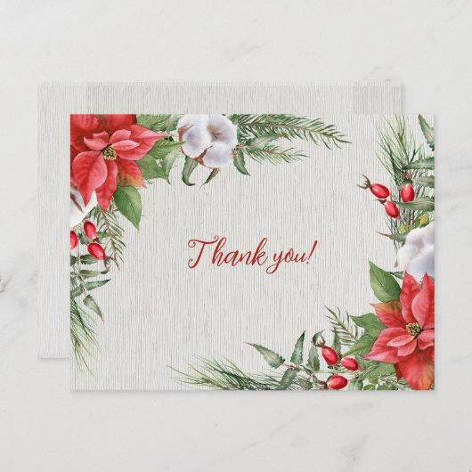 赤いポインセチアのグリーンの葉のウェディング ポストカード (正面/裏面)