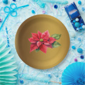 赤いポインセチアのブラシ金ゴールド色 ペーパープレート (パーティー)