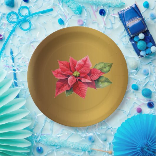 赤いポインセチアのブラシ金ゴールド色 ペーパープレート (パーティー)